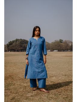 EARTHWEAR - Hand Embroidered Cotton Three Panel Blue Kurta with Pant