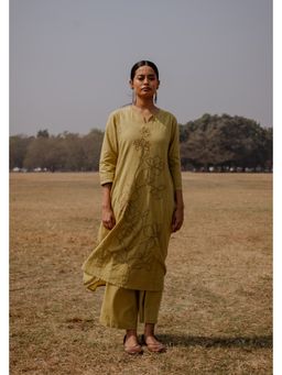 EARTHWEAR - Hand Embroidered Cotton Three Panel Yellow Kurta with Pant