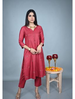 EARTHWEAR - All-Over Hand Embroidered Silk Slub Red Kurta with Pant