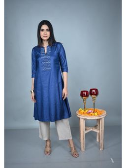 EARTHWEAR - Hand Embroidered Tassar Silk Blue Kurta with Pant