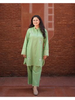 Leela by A - Ketaki - Sophisticated Green Jute Cotton With Floral Kurta with Pant