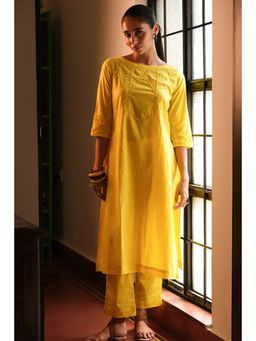 Okhai - Yellow Sunline Hand-Embroidered Mirrorwork Pure Cotton Kurta and Pant