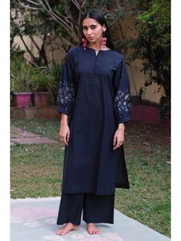 Okhai - Navy Blue Daisyline Hand-Embroidered Pure Cotton Kurta and Pant