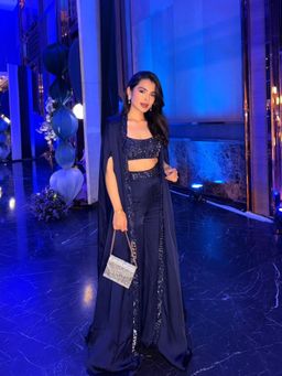 Asaga - Women Navy Blue Saachi Bhasin Blouse with Sharara and Cape