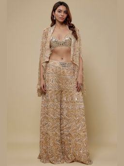 Asaga - Women Beige Couture Blouse with Sharara and Cape