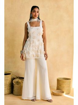 Saanjh by Lea - White Noorie Phool 3-D Floral Embroidery Blouse with Sharara and Dupatta