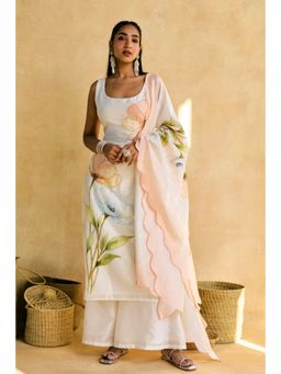 Saanjh by Lea - White Masakali Floral Print Kurta with Palazzo and Dupatta