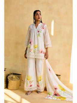 Saanjh by Lea - Off White Gulbaagh Floral Print and Lace Kurta with Palazzo and Dupatta
