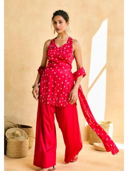 Saanjh by Lea - Red Bebo Bandhani Embellished Kurta with Pant and Dupatta
