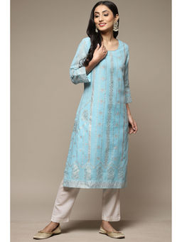 Biba - Womens Sky Blue Printed Poly Chanderi Straight Kurta