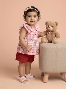 Nautinati - Baby Girls Red and Pink Gingham Cherry Print Clothing Set