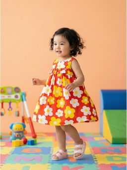 Nautinati - Baby Girls Pure Cotton Floral Print Frilled A-line Dress