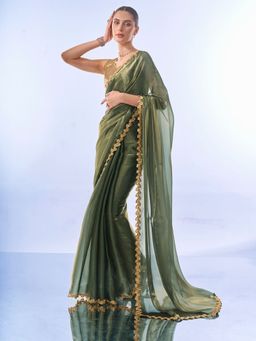 KALISTA - Green Sequinned Organza Designer Saree with Unstitched Blouse