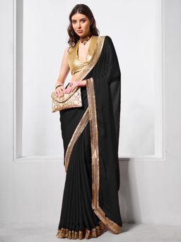 KALISTA - Black Sequinned Chiffon Saree with Unstitched Blouse