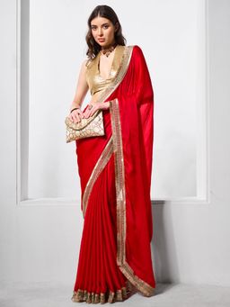 KALISTA - Red Sequinned Chiffon Saree with Unstitched Blouse