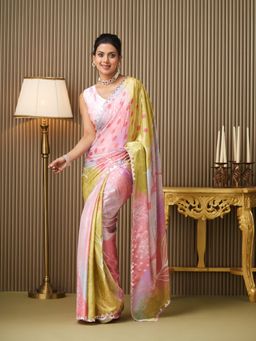 KALISTA - Floral Printed Mirror Work Saree with Unstitched Blouse