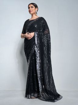 KALISTA - Black Sequinned Pure Georgette Saree with Unstitched Blouse