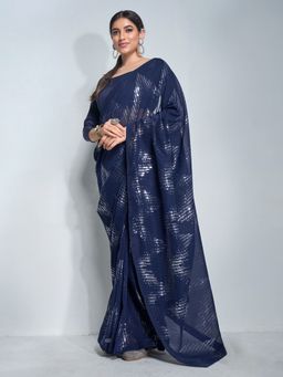 KALISTA - Embellished Striped Sequinned Saree with Unstitched Blouse