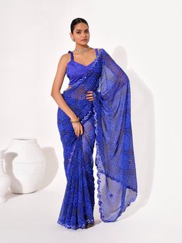 KALISTA - Bandhani Printed Mirror Work Pure Chiffon Saree with Unstitched Blouse