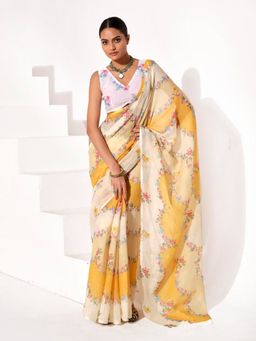 KALISTA - Floral Printed Cotton Regular Saree with Unstitched Blouse