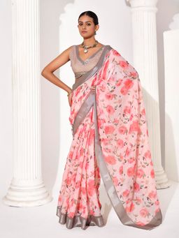 KALISTA - Floral Print Saree with Unstitched Blouse