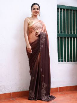 KALISTA - Brown Embellished Beads and Stones Satin Saree with Unstitched Blouse