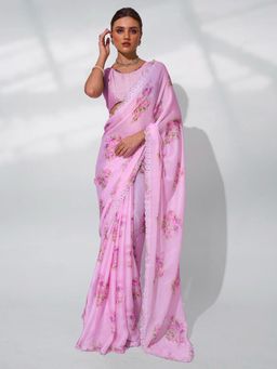 KALISTA - Floral Beads and Stones Satin Saree with Unstitched Blouse
