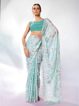 KALISTA - Turquoise Floral Embellished Satin Saree with Unstitched Blouse