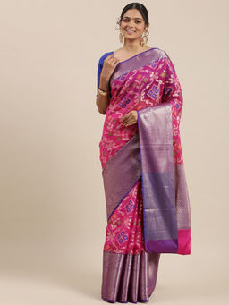 Banarasi Silk Works - Magenta Patola Brocade Border Art Saree with Unstitched Blouse