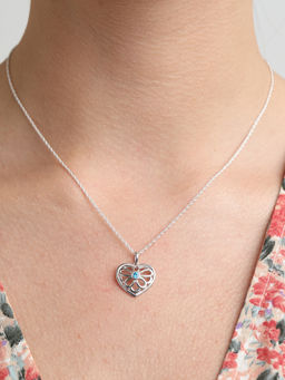 CLARA - Silver Rhodium Plated Swiss Zirconia Blue Heart Pendant Chain Necklace For Women & Girls