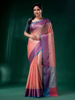 CHARUKRITI - Peach Organza Handwoven Soft Saree with Woven Design with Unstitched Blouse
