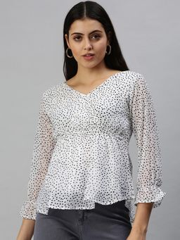 SHOWOFFFF - Women V-Neck Bell Sleeves Polka Dots White Top
