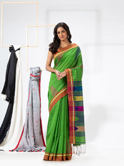 Angoshobha - Green Cotton Blended Festive Jamdani Saree with Unstitched Blouse