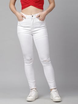 KASSUALLY - White Skinny Fit Mid-Rise Slash Knee Jeans