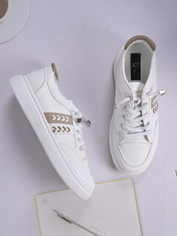 Jove - Women White & Khaki Embroidered Sneakers
