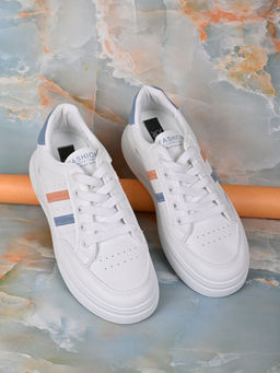 Jove - Women White & Orange Colourblocked Sneakers