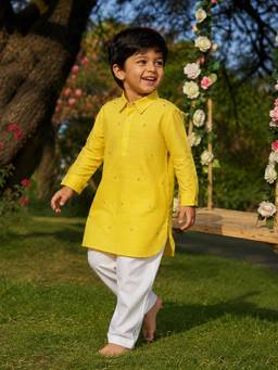 Somersault - Boys Yellow Embroidery Kurta and Pyjama