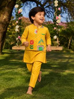 Somersault - Boys Yellow Print Kurta With Pyjama & Jacket
