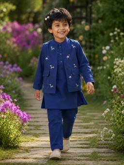 Somersault - Boys Blue Embroidery Kurta With Pyjama & Jacket