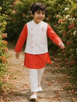 Somersault - Boys Red Bandhani Print Kurta With Pyjama & Jacket