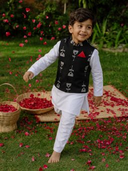 Somersault - Boys White Printed Kurta With Pyjama & Jacket