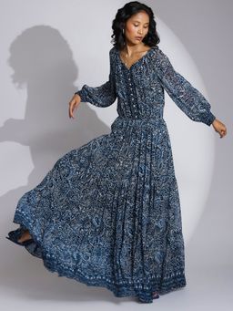 Label Ritu Kumar - V-Neck Full Sleeve Long Dress