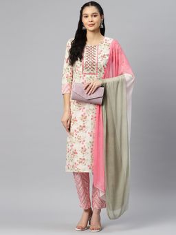 Vbuyz - Womens White Cotton Embroidered Kurta With Pant & Dupatta (Set of 3)