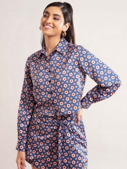 Twenty Dresses by Nykaa Fashion - Blue Printed Collar Neck Crop Shirt