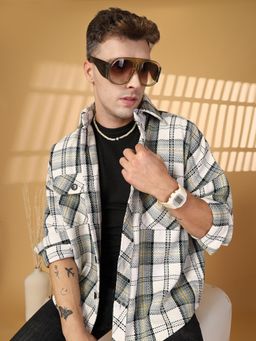 CHKOKKO - Mens White Checks Winter Shacket