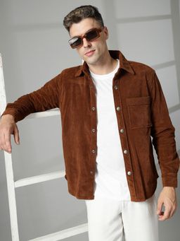 CHKOKKO - Men Brown Self Design Winter Shacket