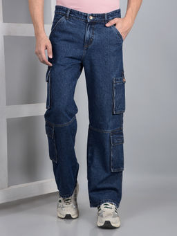 CRIMSOUNE CLUB - Men Navy Blue Pure Cotton Baggy Cargo Jeans