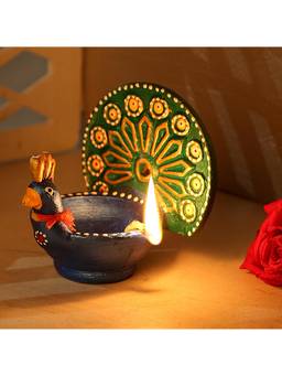 AAPNO RAJASTHAN - Metallic Colored Peacock Design Terracota Diya