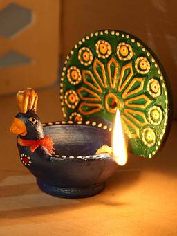 AAPNO RAJASTHAN - Metallic Colored Peacock Design Terracota Diya