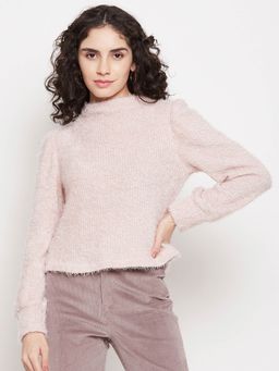 Madame - Peach High Collar Puff Sleeve Sweater